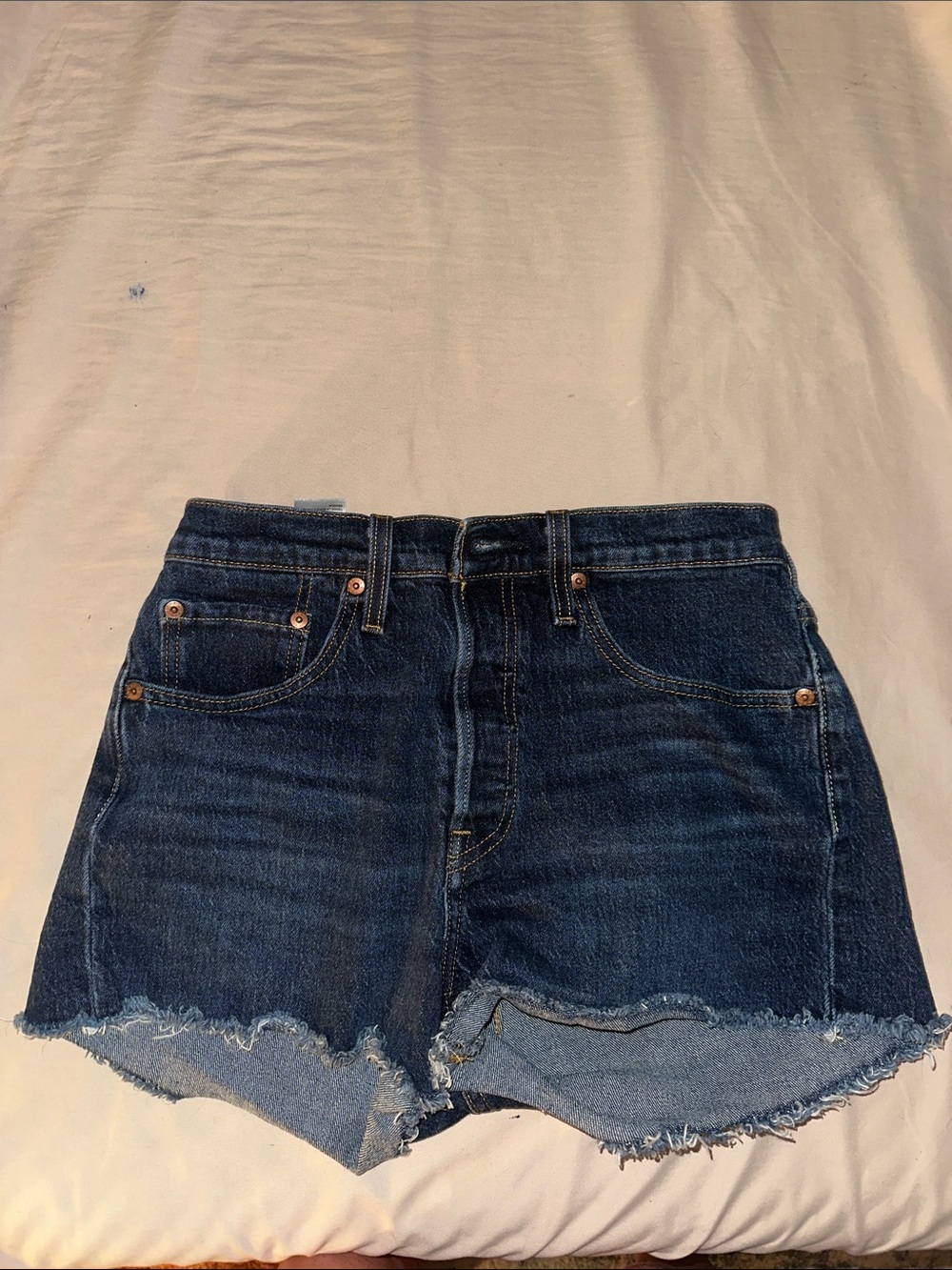 Classic High-Rise Frayed Hem Denim Shorts - Dark Blue